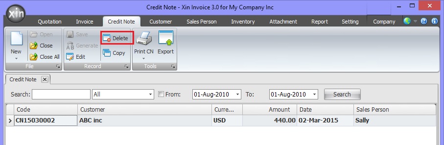 Delete Credit Note