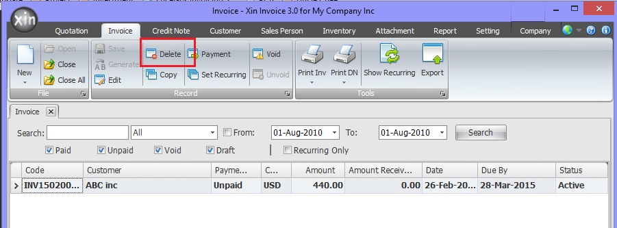 Delete Invoice