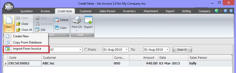 Import Credit Note From Invoice