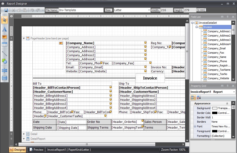 Invoice report designer