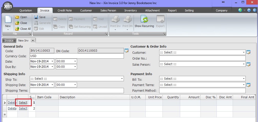 Select Inventory for Invoice