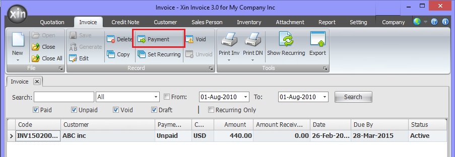 Receive Payment for an Invoice