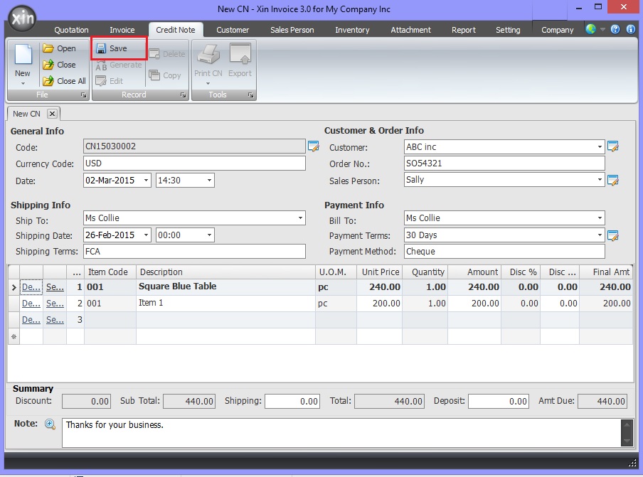 Save Credit Note