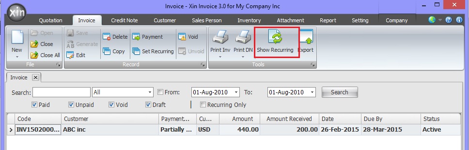 Show Recurring Invoice