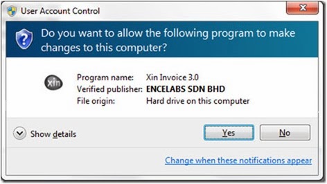 User Account Control popup when start Xin invoicing software