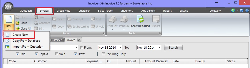 Create new Invoice