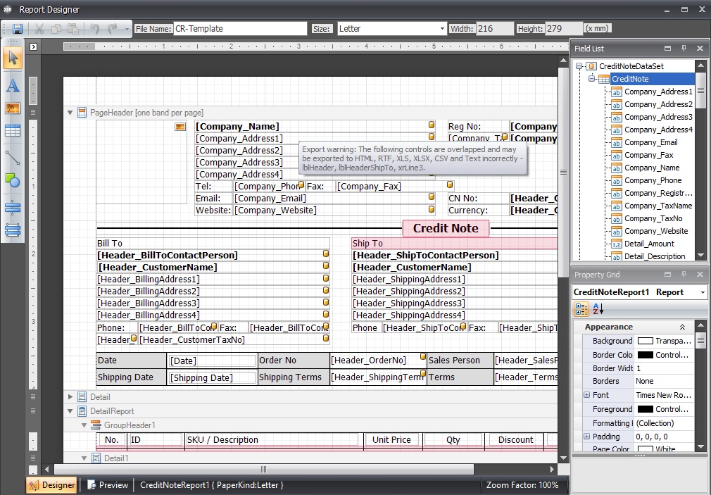 Credit Note report designer