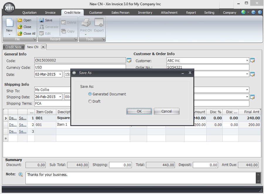 Save as Generated Credit Note