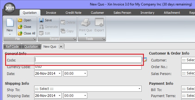 Manual enter Quotation Reference Code