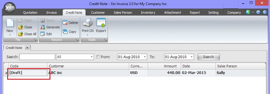 Select Draft Credit Note