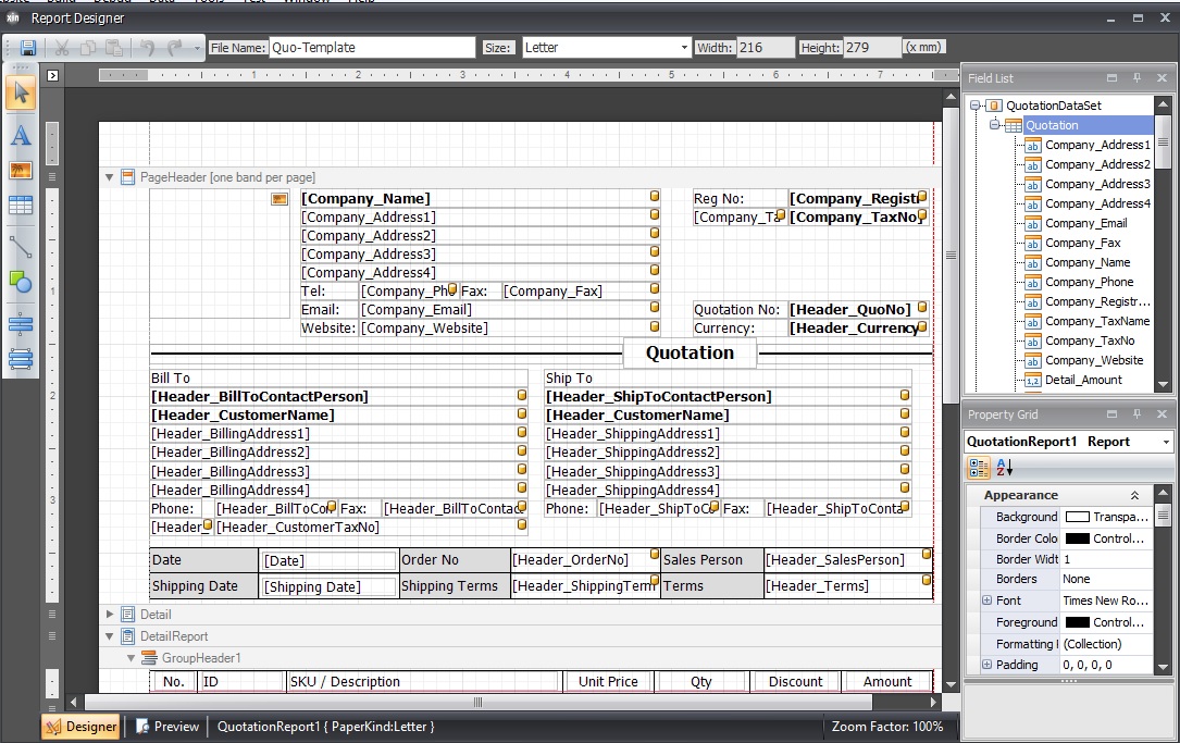Quotation report designer